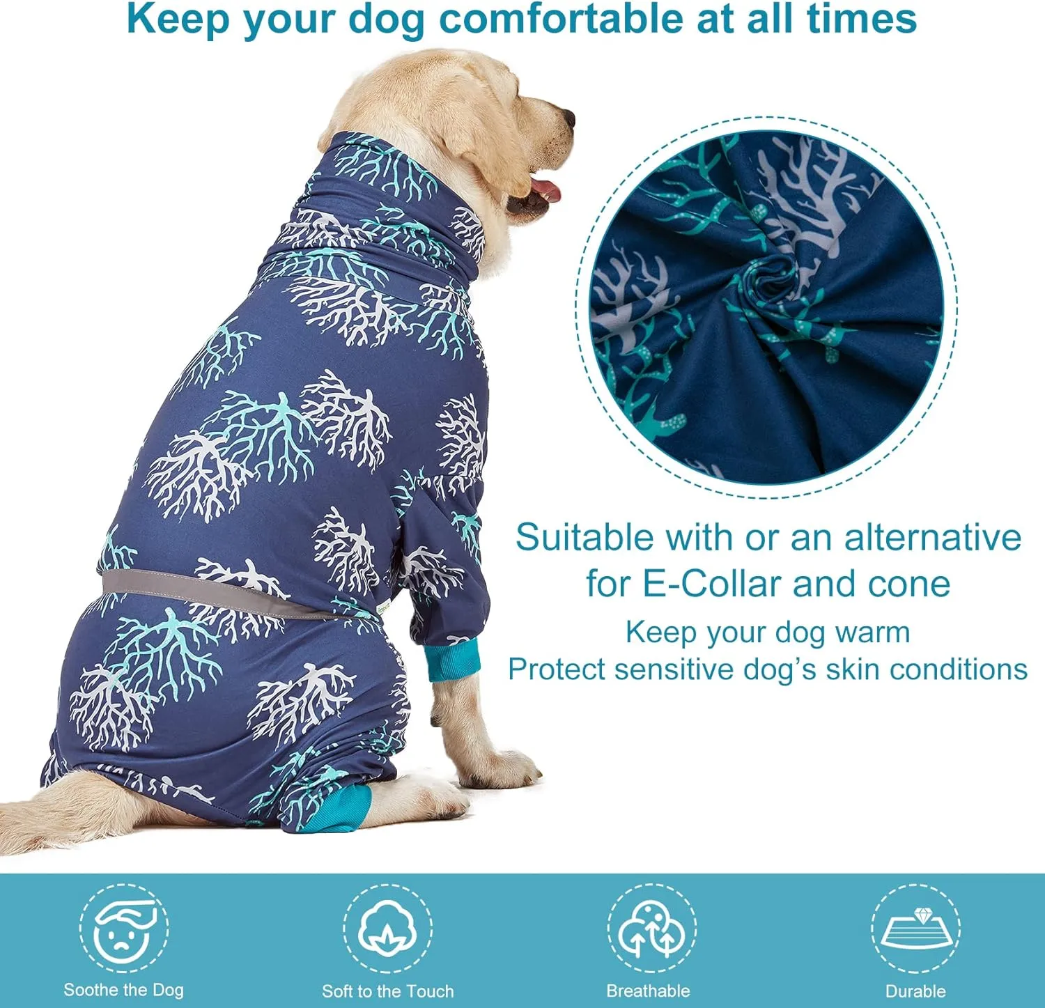 LovinPet Boxer Dogs Onesie Pajamas - UV Protection&Wound Care, Anxiety Relief, Lightweight Stretchy Fabric, Reflective Stripe, Coral Tree Print, Post Surgery Clothes, Pet PJ's/Large