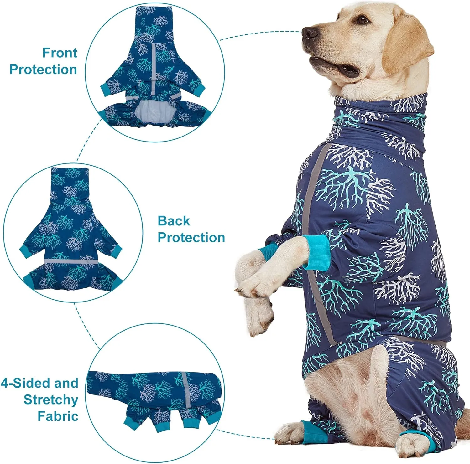 LovinPet Boxer Dogs Onesie Pajamas - UV Protection&Wound Care, Anxiety Relief, Lightweight Stretchy Fabric, Reflective Stripe, Coral Tree Print, Post Surgery Clothes, Pet PJ's/Large