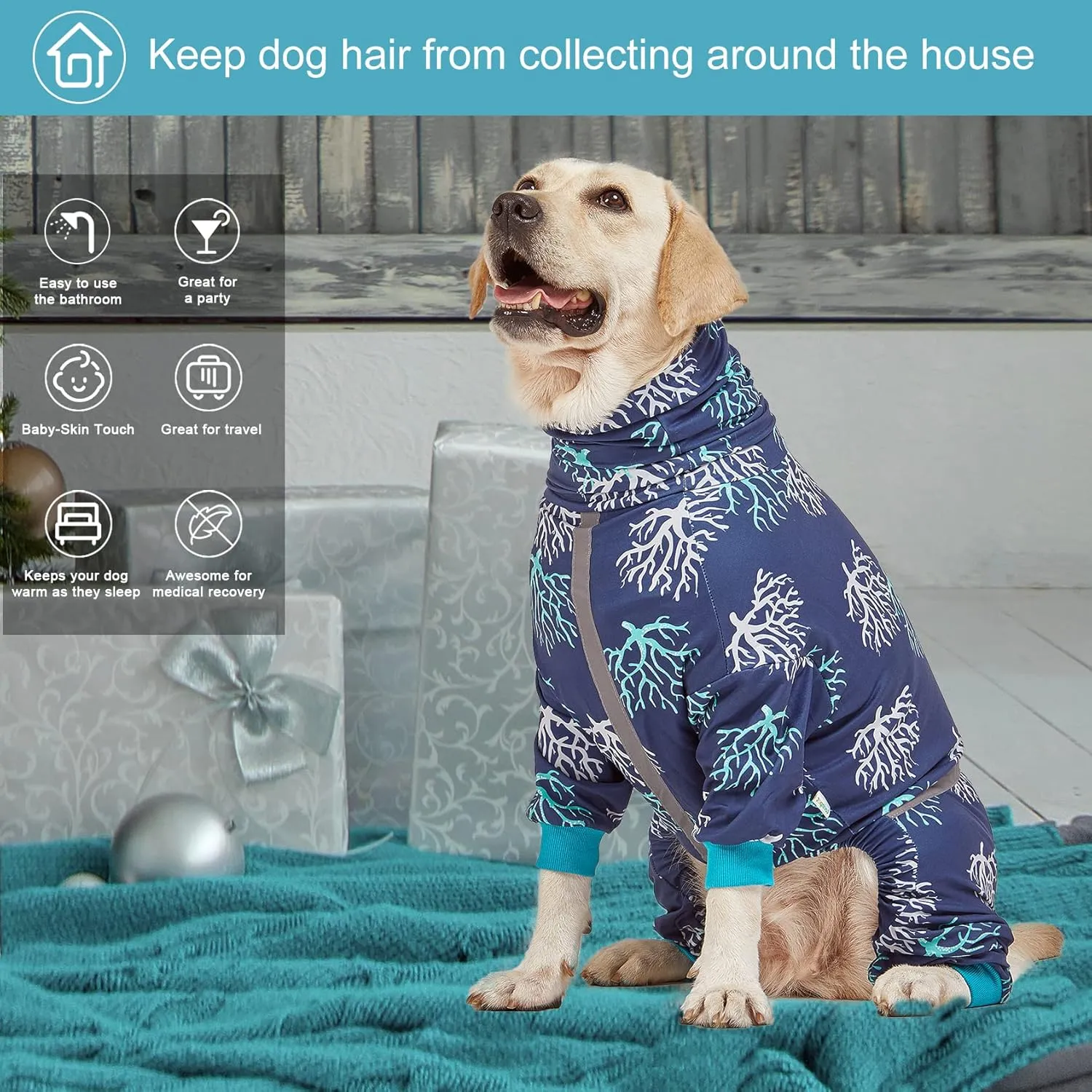 LovinPet Boxer Dogs Onesie Pajamas - UV Protection&Wound Care, Anxiety Relief, Lightweight Stretchy Fabric, Reflective Stripe, Coral Tree Print, Post Surgery Clothes, Pet PJ's/Large