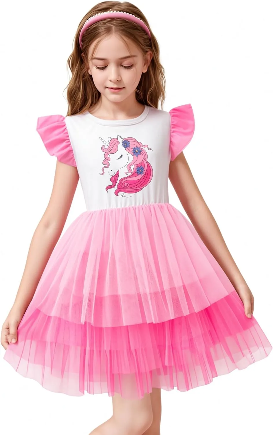 LQSZ Girls Tulle Dresses Princess Flutter Sleeve Tutu Dress for Toddler Girl 3-12 Years
