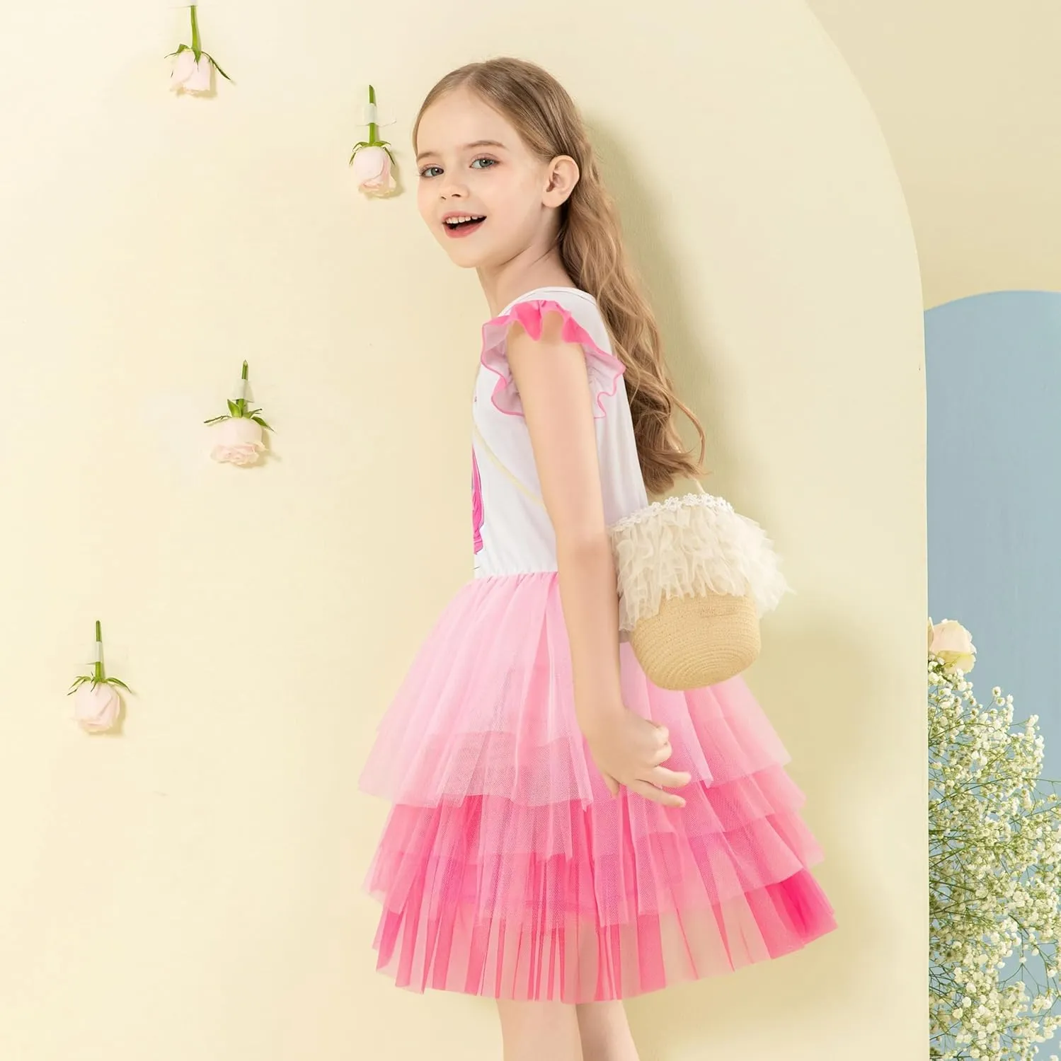 LQSZ Girls Tulle Dresses Princess Flutter Sleeve Tutu Dress for Toddler Girl 3-12 Years