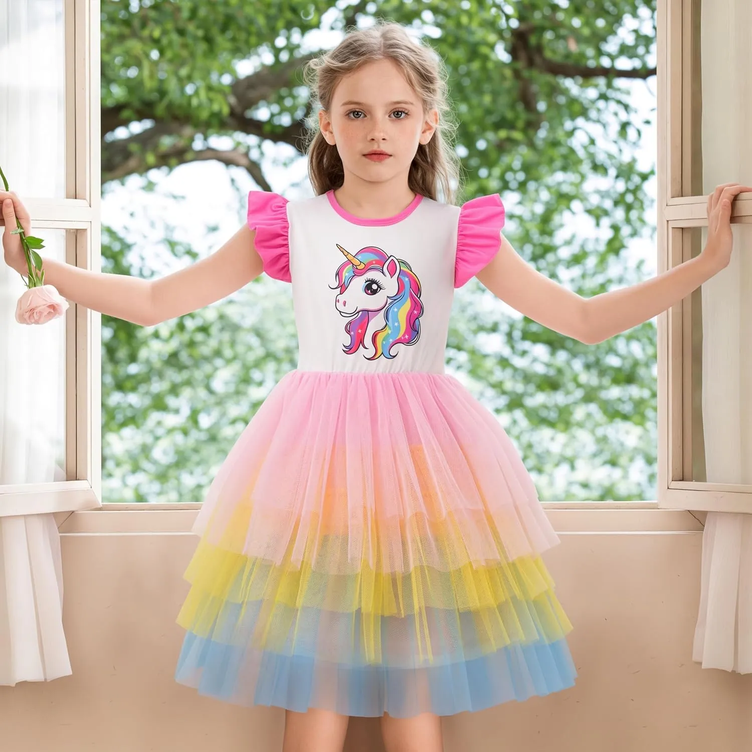 LQSZ Girls Tulle Dresses Princess Flutter Sleeve Tutu Dress for Toddler Girl 3-12 Years