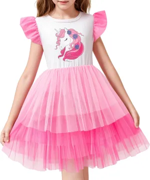 LQSZ Girls Tulle Dresses Princess Flutter Sleeve Tutu Dress for Toddler Girl 3-12 Years