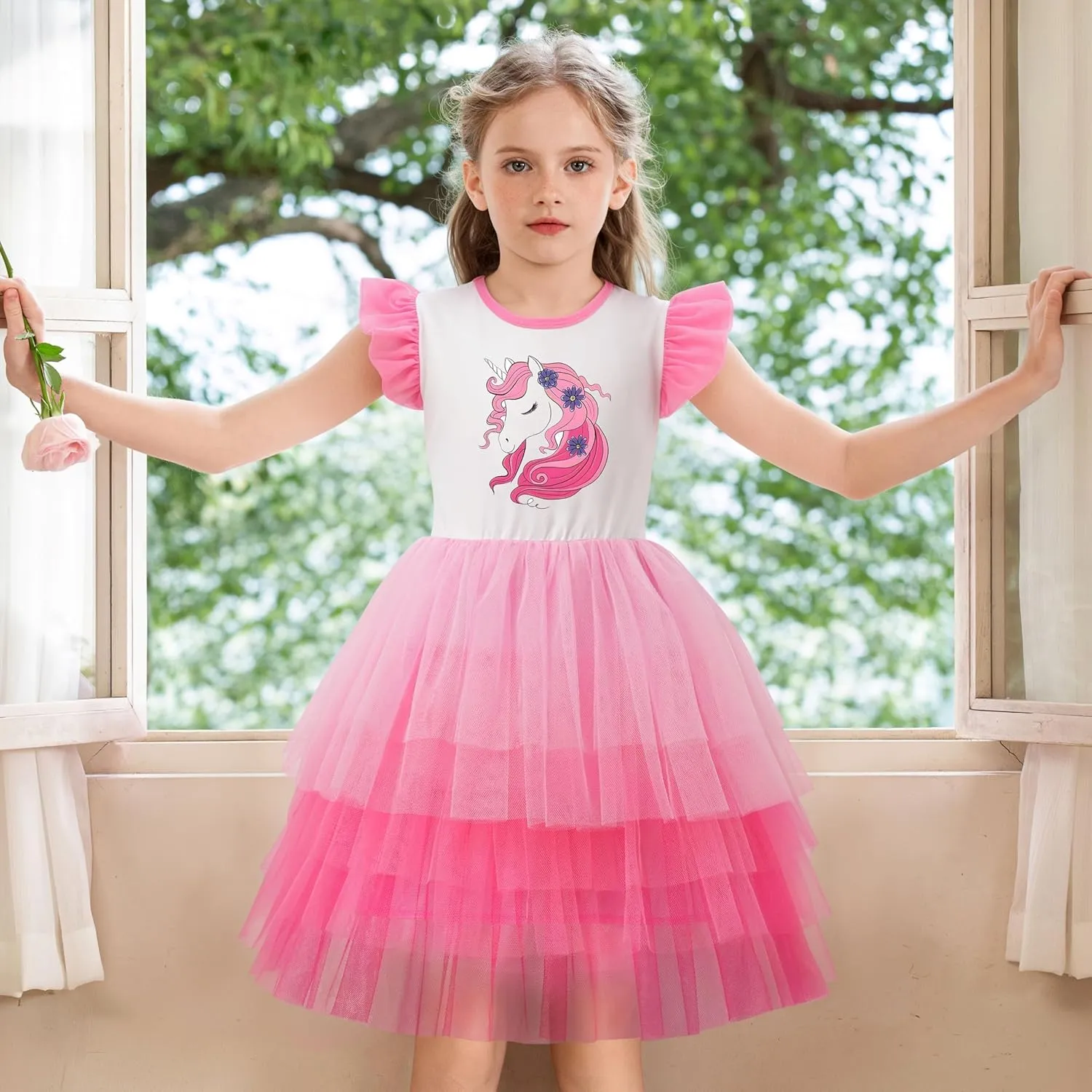 LQSZ Girls Tulle Dresses Princess Flutter Sleeve Tutu Dress for Toddler Girl 3-12 Years