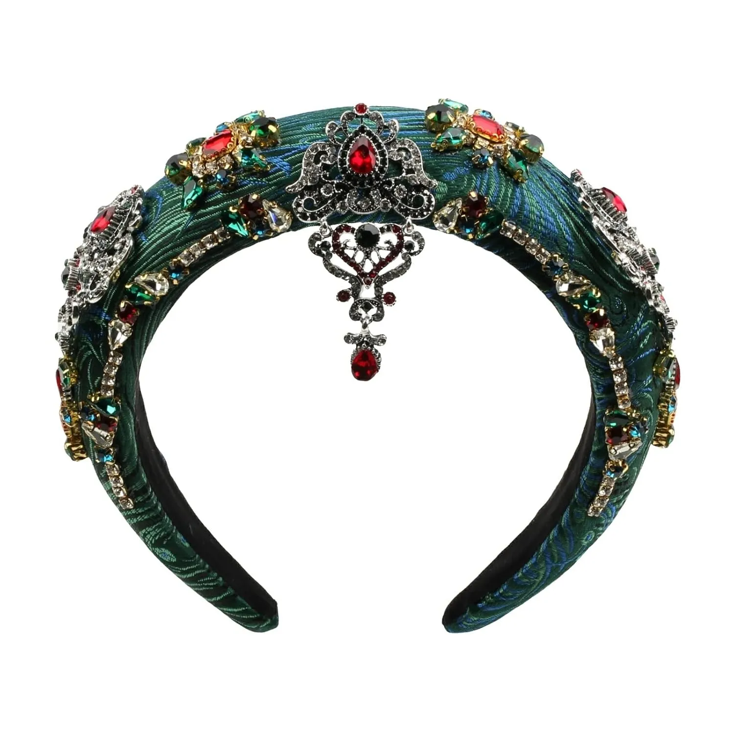 Luxury Baroque Big Wide Crystal Headband for Women Pearl Rhinestone Bead Decorative Hairband Jeweled Head Hoop Party Accessories (HDDY1079-green)