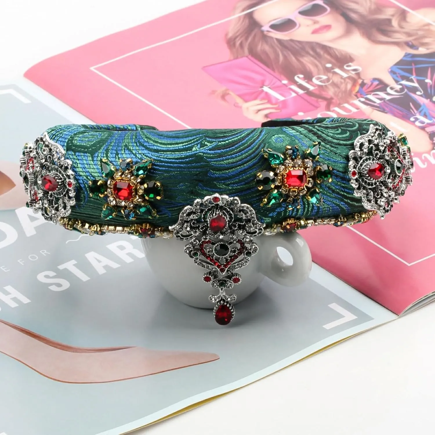 Luxury Baroque Big Wide Crystal Headband for Women Pearl Rhinestone Bead Decorative Hairband Jeweled Head Hoop Party Accessories (HDDY1079-green)