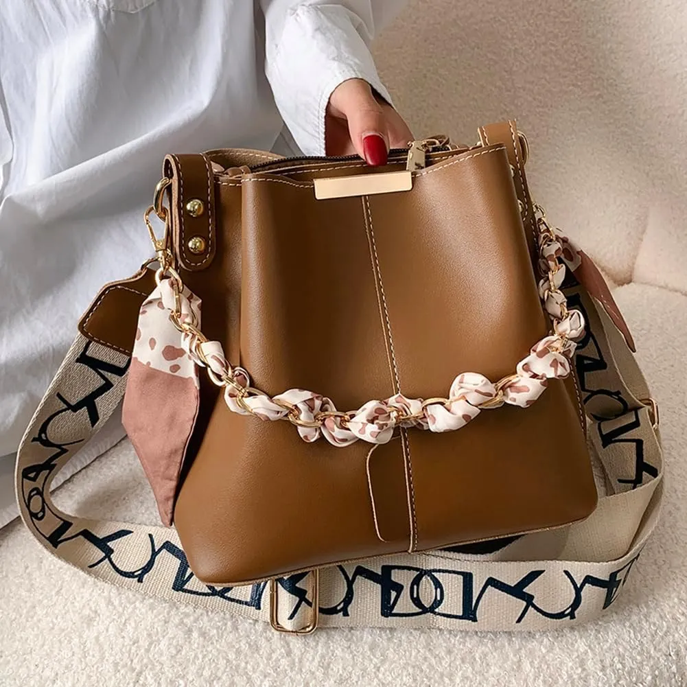 Luxury Chain Trendy Crossbody Bag PU Leather Fashion Handbag Large Capacity Designer Tote Bag with Wide Strap for