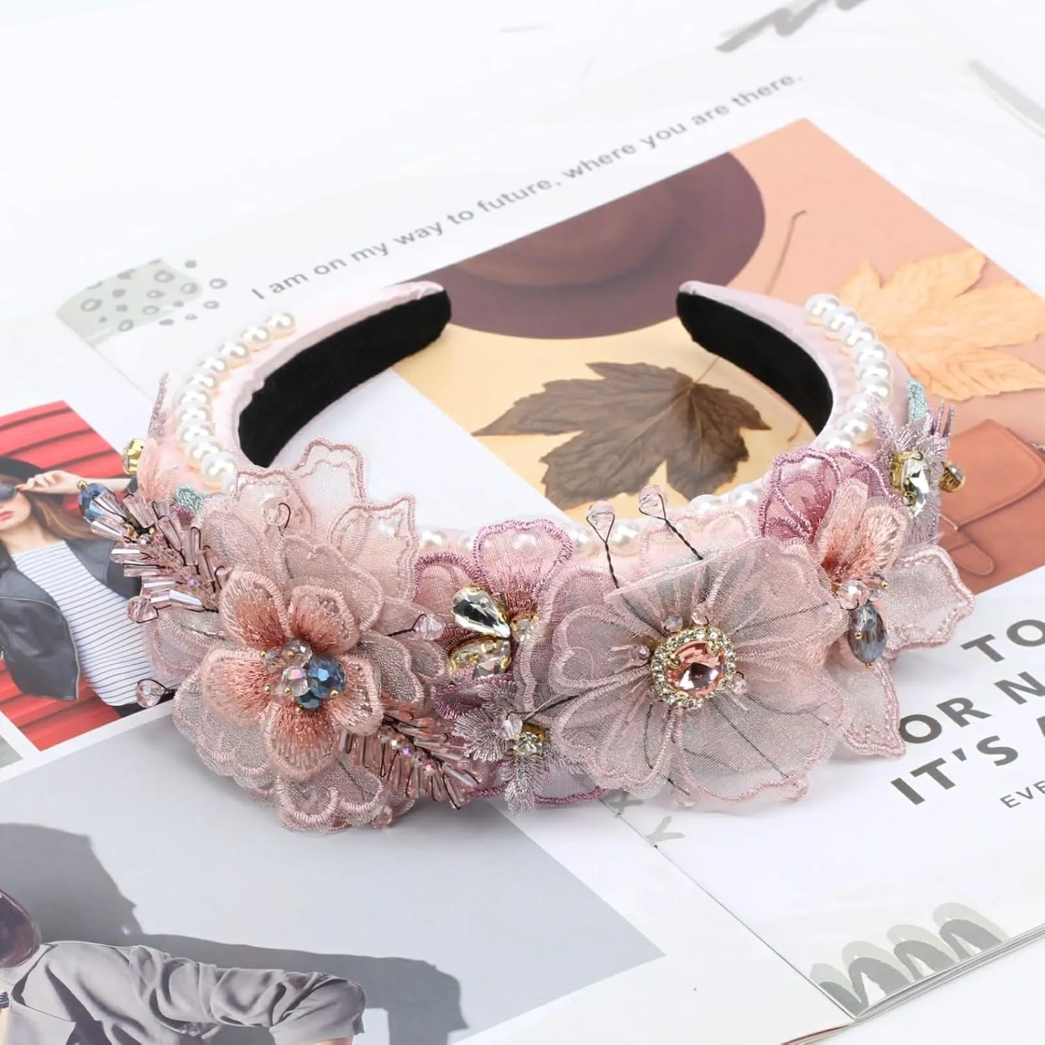 Luxury Flower Simulated Pearl Headband for Women Chunky Crystal Bead Stone Banquet Hairband Decorative Jeweled Hair Band Accessories (HDDY1084-pink)