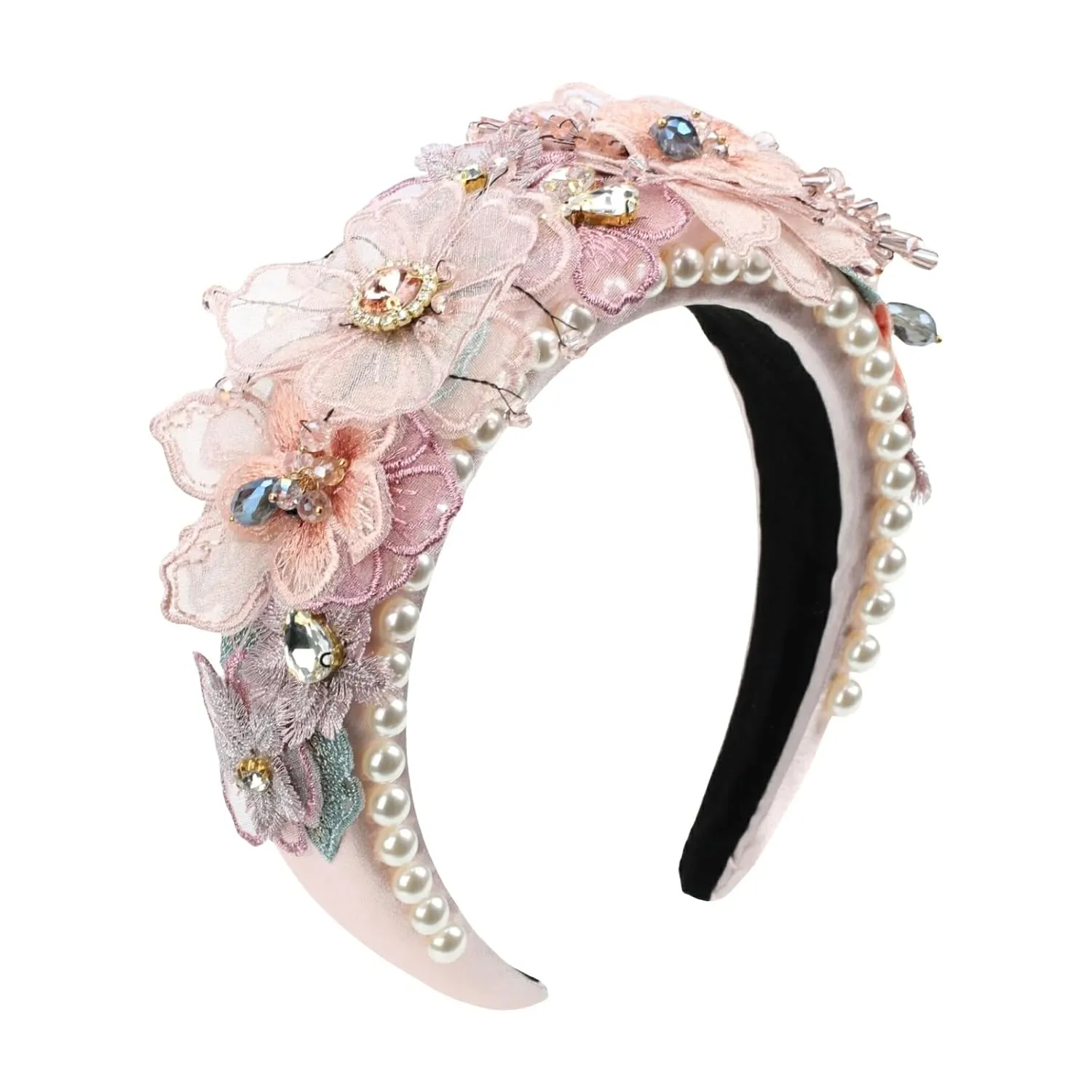 Luxury Flower Simulated Pearl Headband for Women Chunky Crystal Bead Stone Banquet Hairband Decorative Jeweled Hair Band Accessories (HDDY1084-pink)