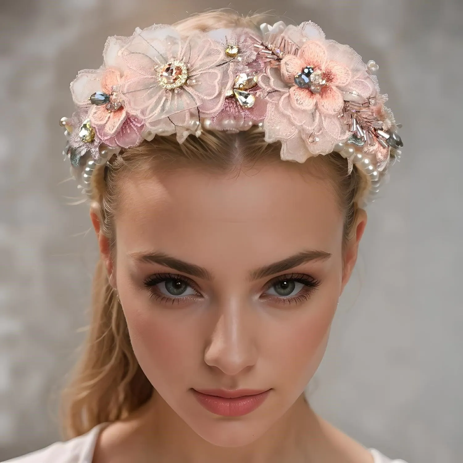 Luxury Flower Simulated Pearl Headband for Women Chunky Crystal Bead Stone Banquet Hairband Decorative Jeweled Hair Band Accessories (HDDY1084-pink)