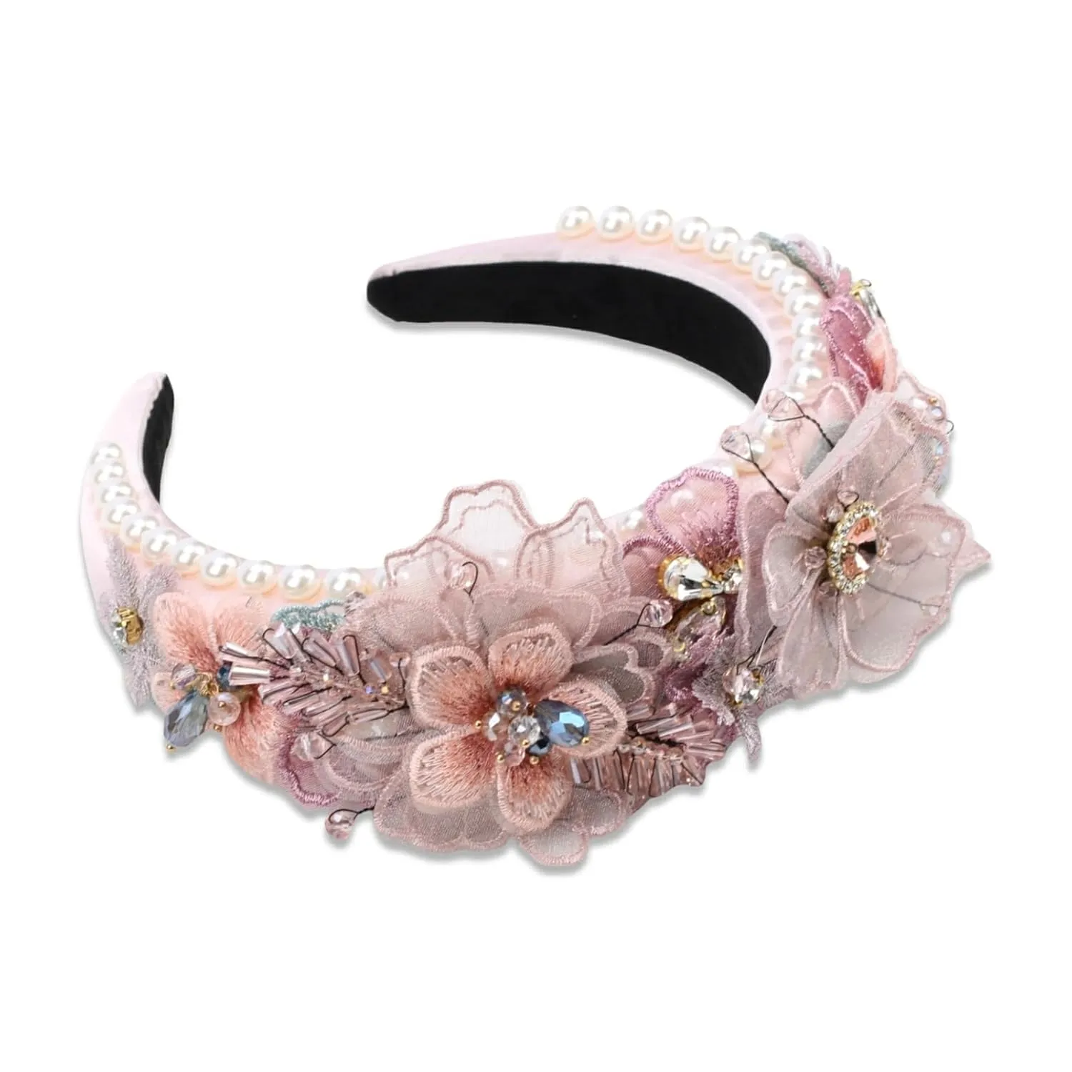 Luxury Flower Simulated Pearl Headband for Women Chunky Crystal Bead Stone Banquet Hairband Decorative Jeweled Hair Band Accessories (HDDY1084-pink)