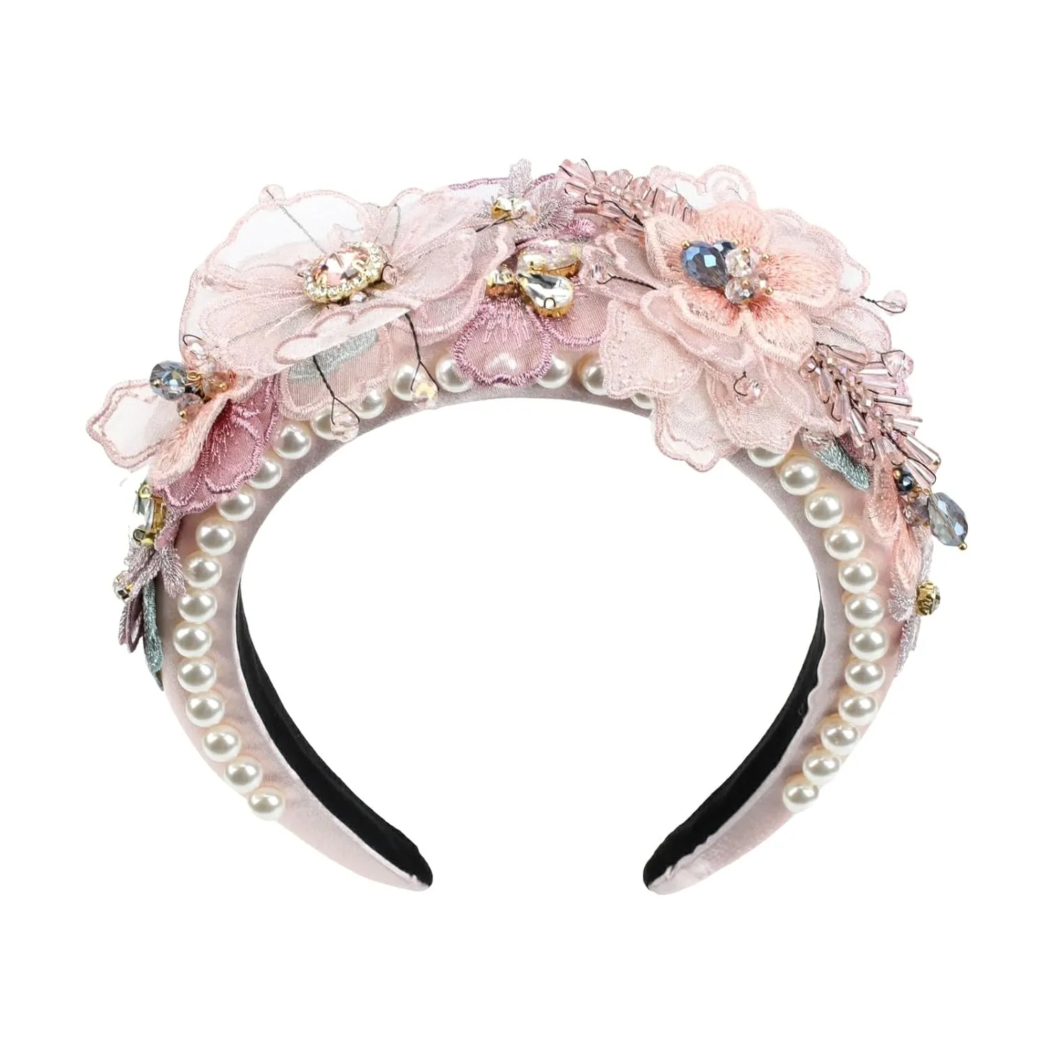 Luxury Flower Simulated Pearl Headband for Women Chunky Crystal Bead Stone Banquet Hairband Decorative Jeweled Hair Band Accessories (HDDY1084-pink)