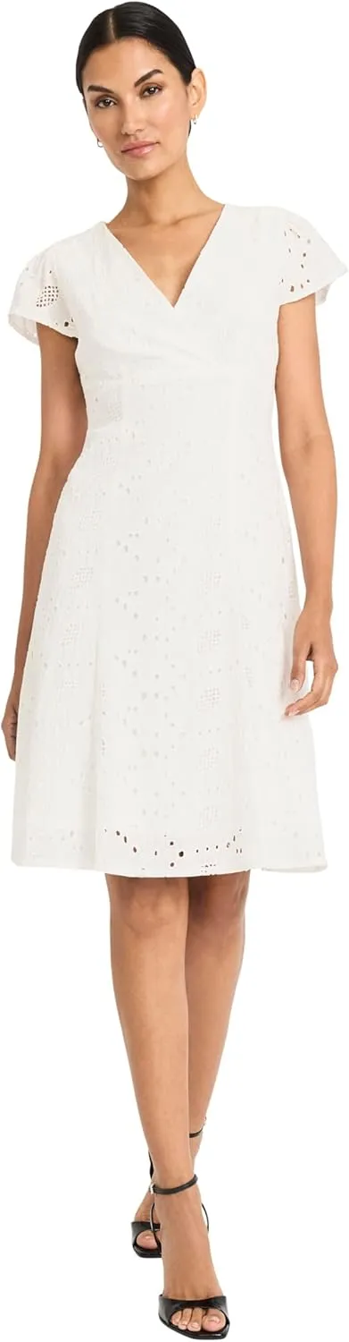 Maggy London Women's Eyelet Fit and Flare Cap Sleeve V-Neck-Knee Length Special Occasion Cocktail Dress