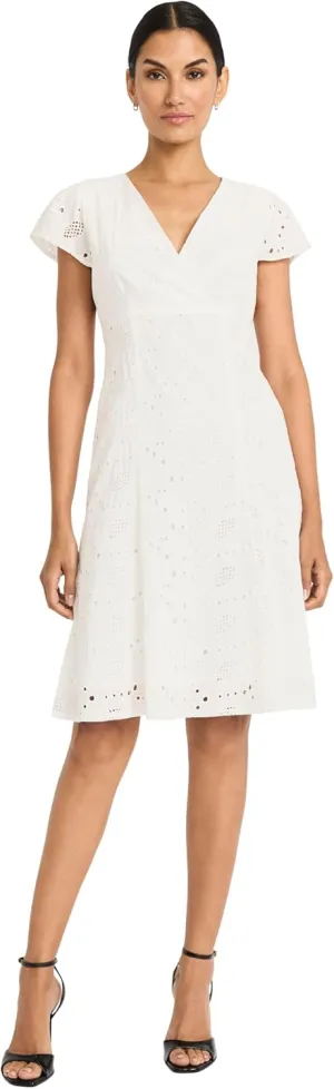 Maggy London Women's Eyelet Fit and Flare Cap Sleeve V-Neck-Knee Length Special Occasion Cocktail Dress