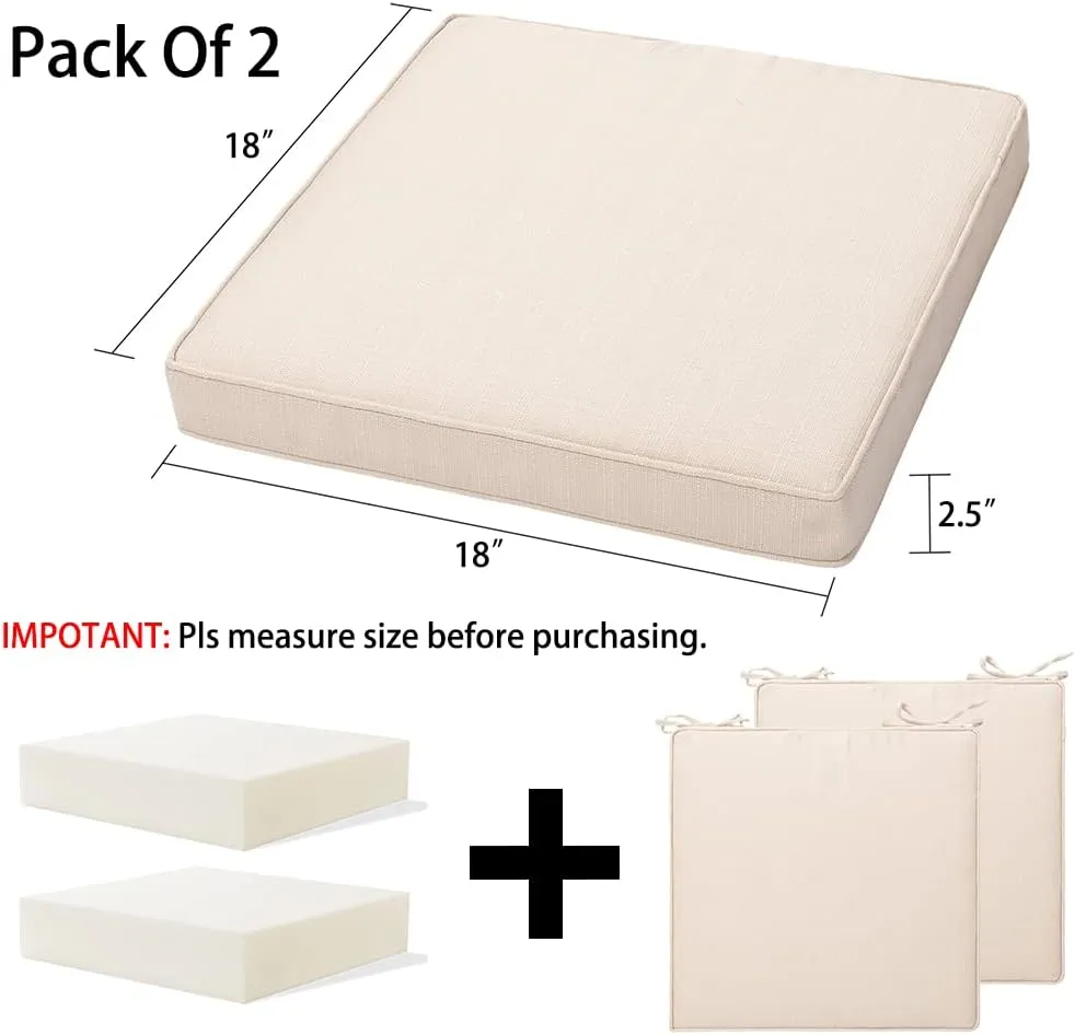 Magpie Fabrics Indoor Outdoor Waterproof Square Chair Cushion, 18" x 18" x 2.5", 2 Pack, Water Resistant Seat Cushions, for Patio Garden Office, Beige