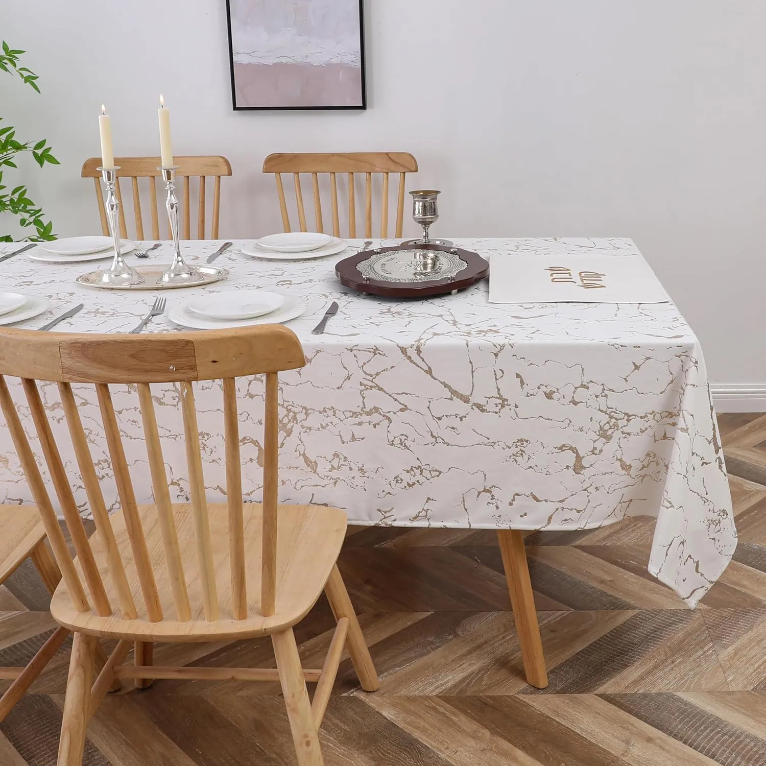 Majestic Giftware Velvet Tablecloths for Rectangle Tables - TC1414 | (70/144) Glacier Gold Print Hem Stitch Dining Table Cover | Washable Rectangle Tablecloth for Kitchen, Dinning, Party