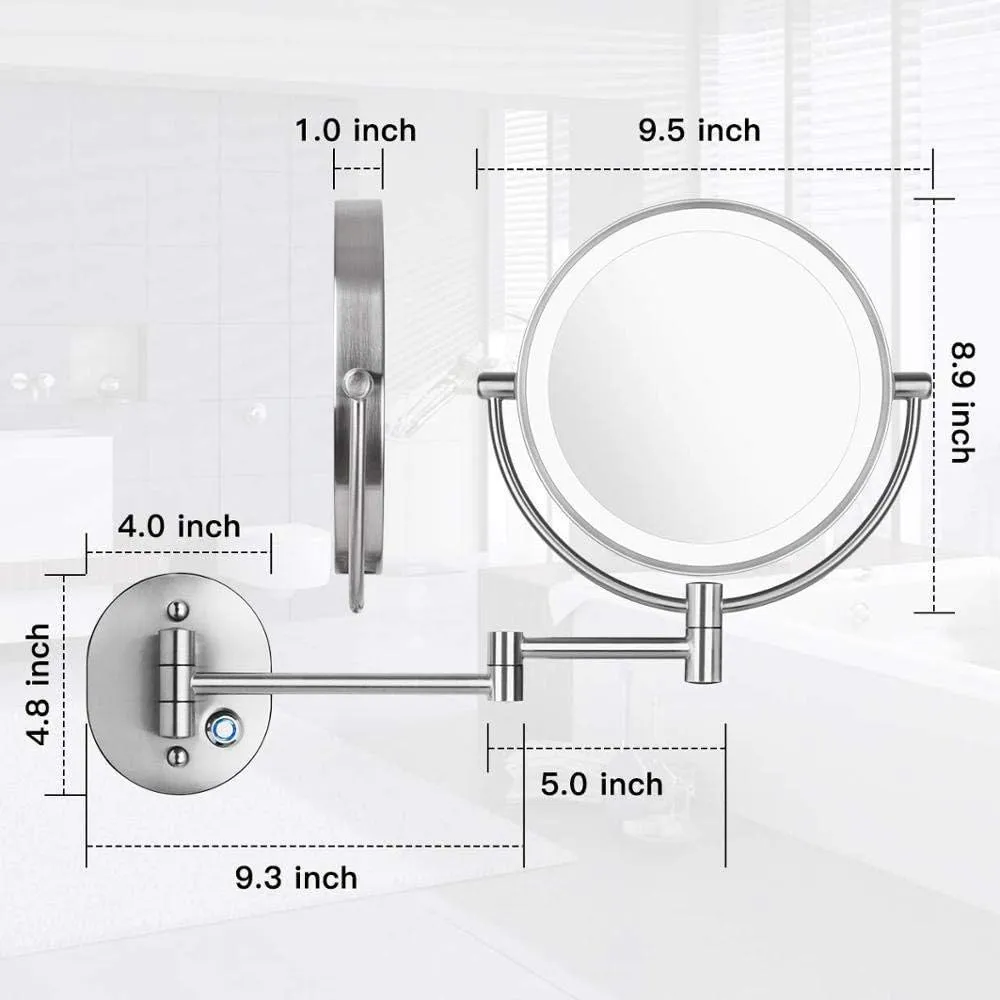 Makeup Mirror Wall Mounted 10x Magnification Vanity Mirror 360 Rotating Double Sided Cosmetic Mirror for Shaving in Bedroom, 8inch, Silver