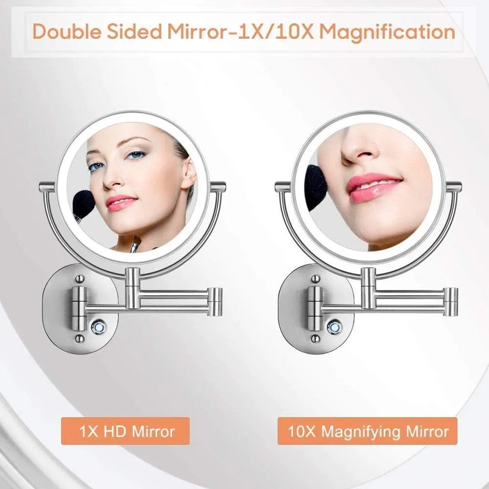 Makeup Mirror Wall Mounted 10x Magnification Vanity Mirror 360 Rotating Double Sided Cosmetic Mirror for Shaving in Bedroom, 8inch, Silver