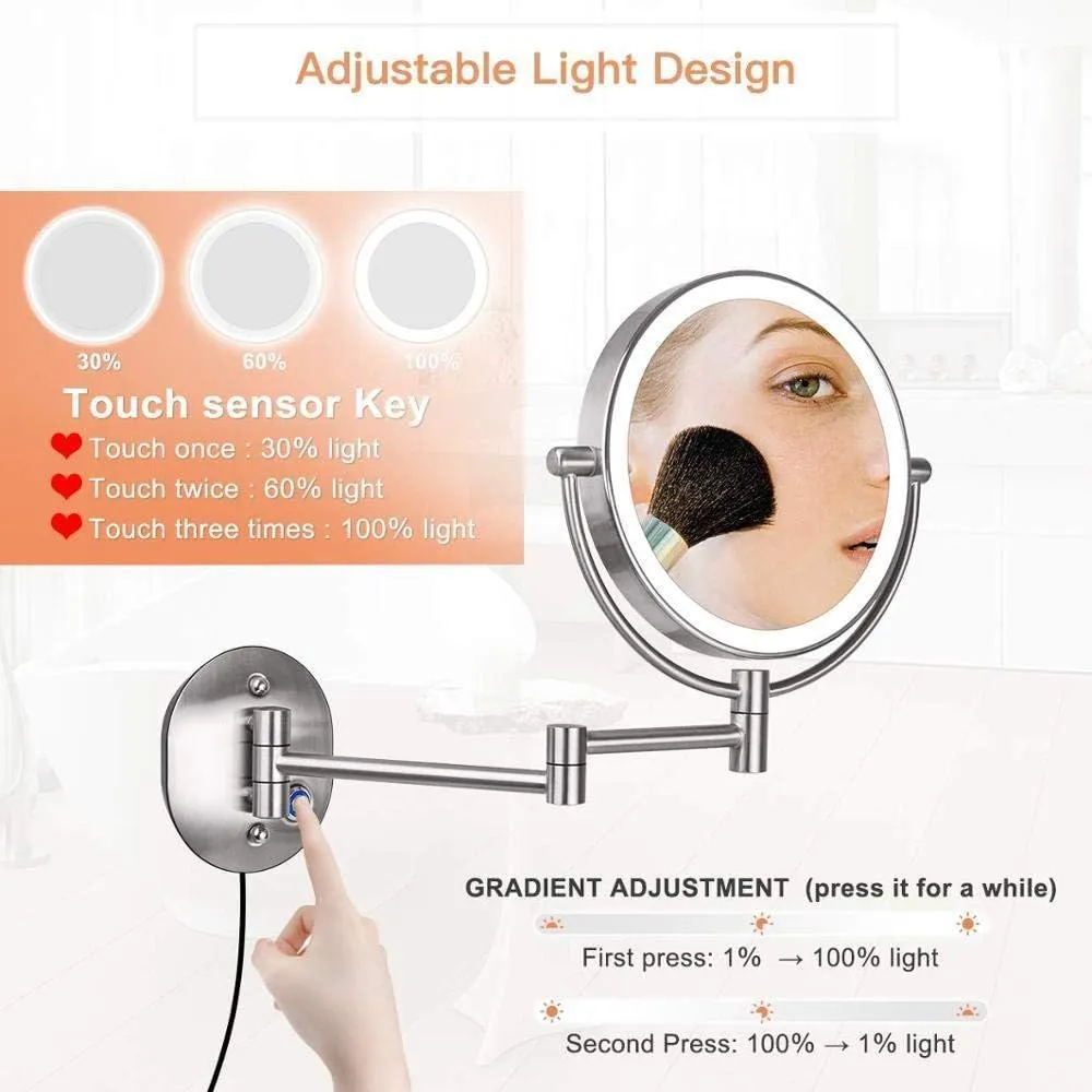 Makeup Mirror Wall Mounted 10x Magnification Vanity Mirror 360 Rotating Double Sided Cosmetic Mirror for Shaving in Bedroom, 8inch, Silver