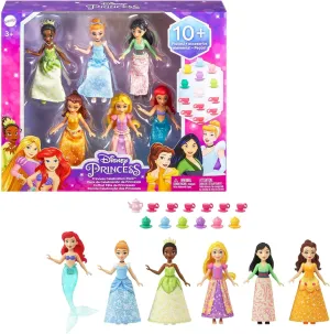 Mattel Disney Princess Toys, Small Doll Party Set with 6 Posable Dolls in Sparkling Clothing & 13 Tea Time Accessories