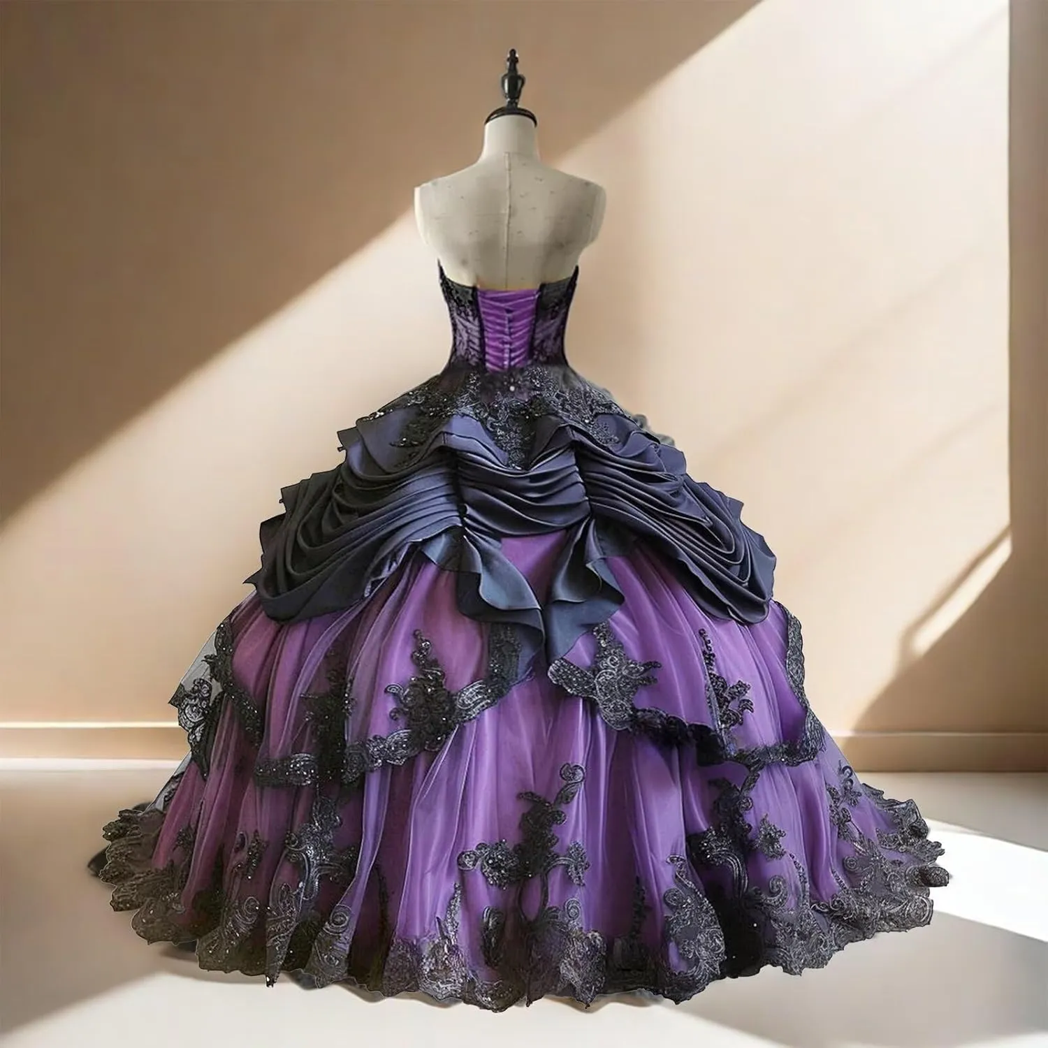 Mauuwy Gothic Black Quinceanera Dresses Puffy Beaded Tiered Sweet 16 Dresses Vintage Victorian's Wedding Dress for Bride