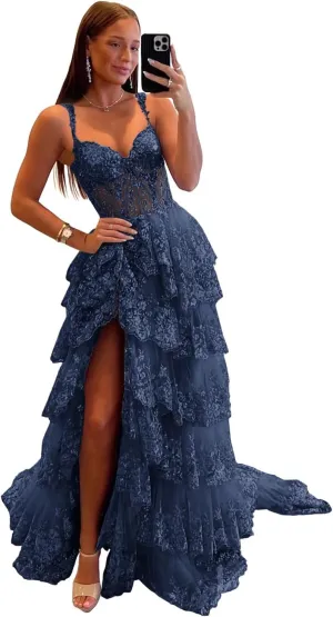Maxianever Off The Shoulder Flower Prom Dresses Lace Tulle Long Tiered Women’s Formal Evening Ball Gowns Sparkly 2024