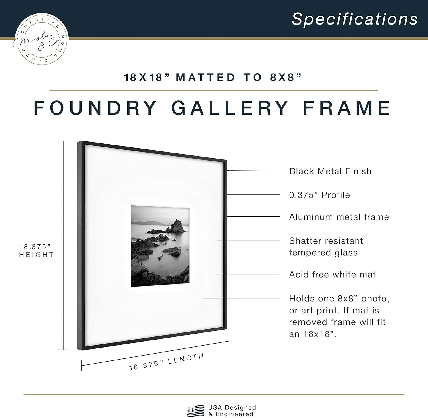 MCS Master & Co. Foundry Metal 18x18 Square Picture Frame, Display Pictures 8x8 With Mat or 18x18 Without Mat, Wall Hanging Frame for Photos & Posters, Black (1-Pack)