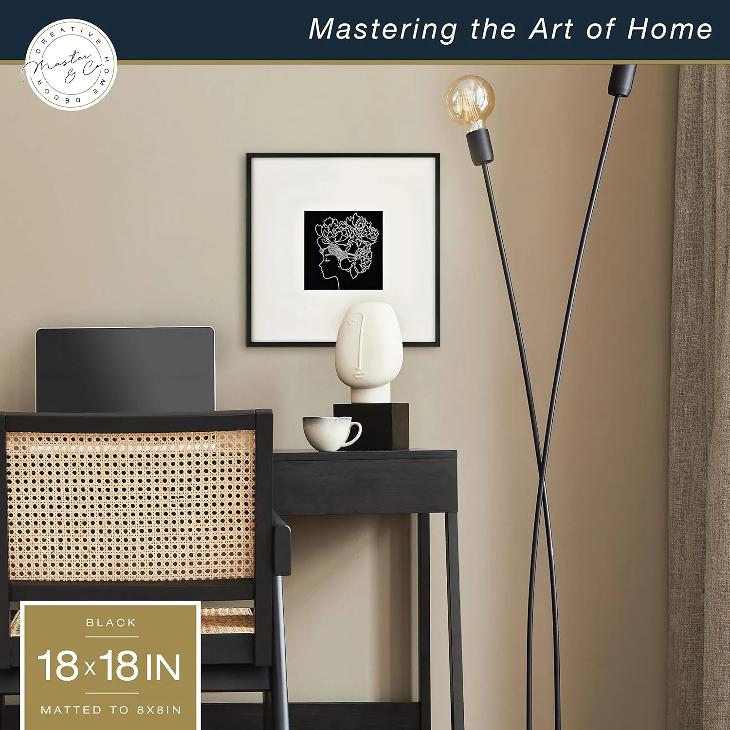 MCS Master & Co. Foundry Metal 18x18 Square Picture Frame, Display Pictures 8x8 With Mat or 18x18 Without Mat, Wall Hanging Frame for Photos & Posters, Black (1-Pack)