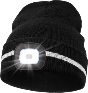 MELASA Reflective Stripe LED Beanie Safety High Visibility Winter Hat with Light for Outdoor Work Sports Gifts for Men Dad