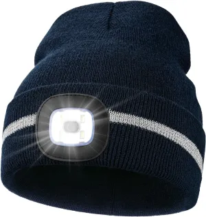 MELASA Reflective Stripe LED Beanie Safety High Visibility Winter Hat with Light for Outdoor Work Sports Gifts for Men Dad