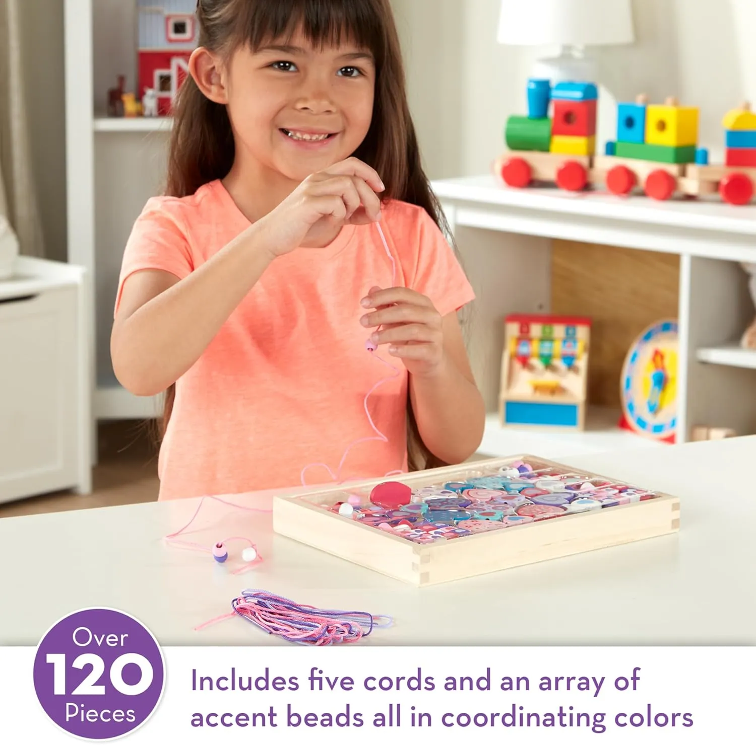 Melissa & Doug Created by Me! Heart Beads Wooden Bead Kit, 120  Beads and 5 Cords for Jewelry-Making