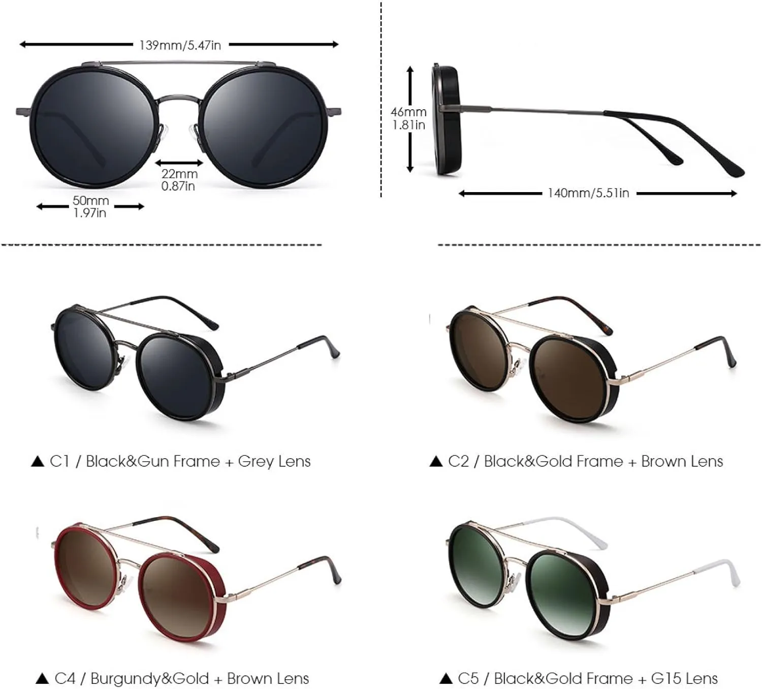 Men Women Steampunk Round Sunglasses Vintage Metal Frame Double Bridge Sunglasses