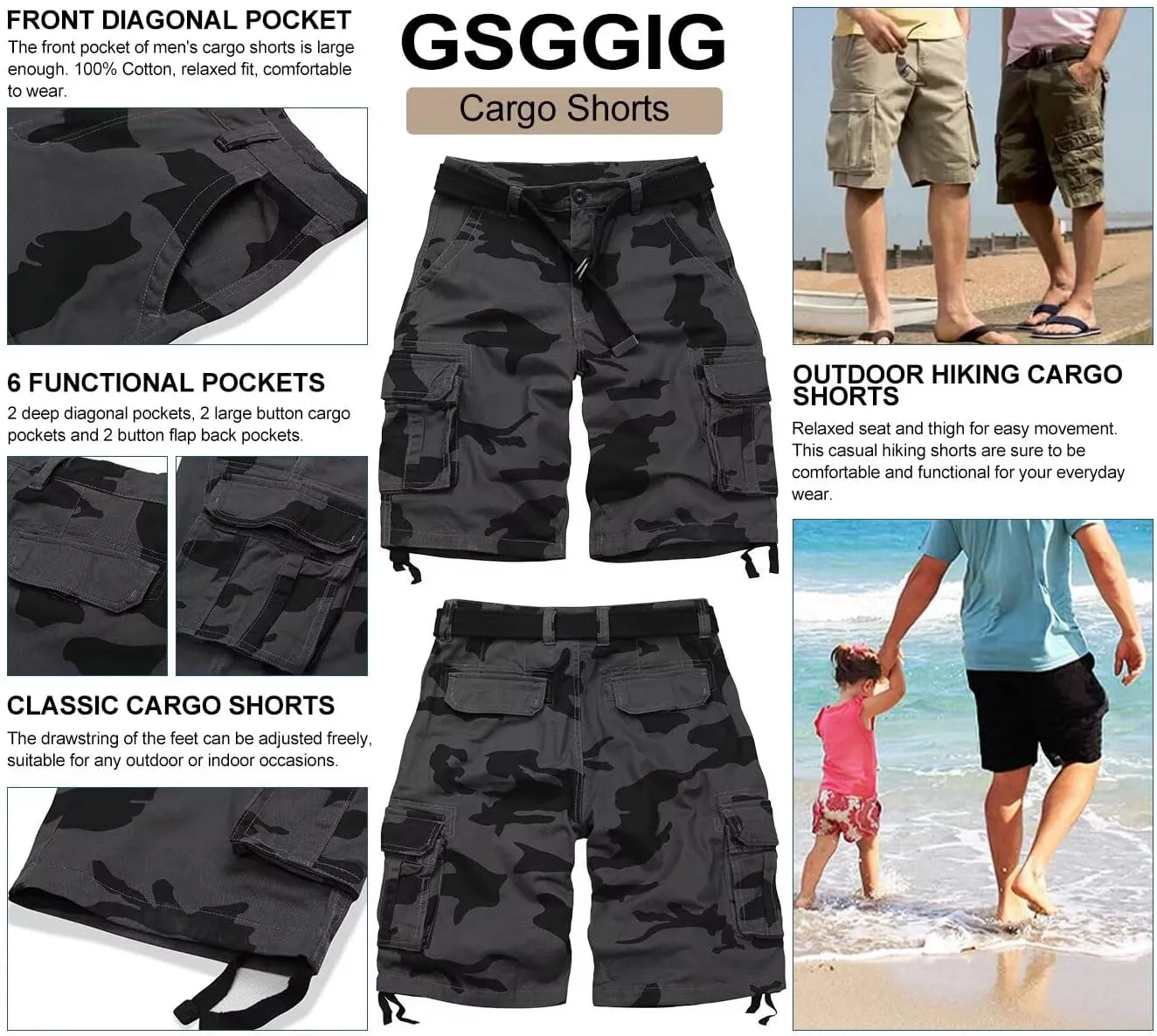 Mens Cargo Shorts Relaxed Fit Camo Casual Shorts Multi-Pocket Work Shorts with Pockets 11" Inseam