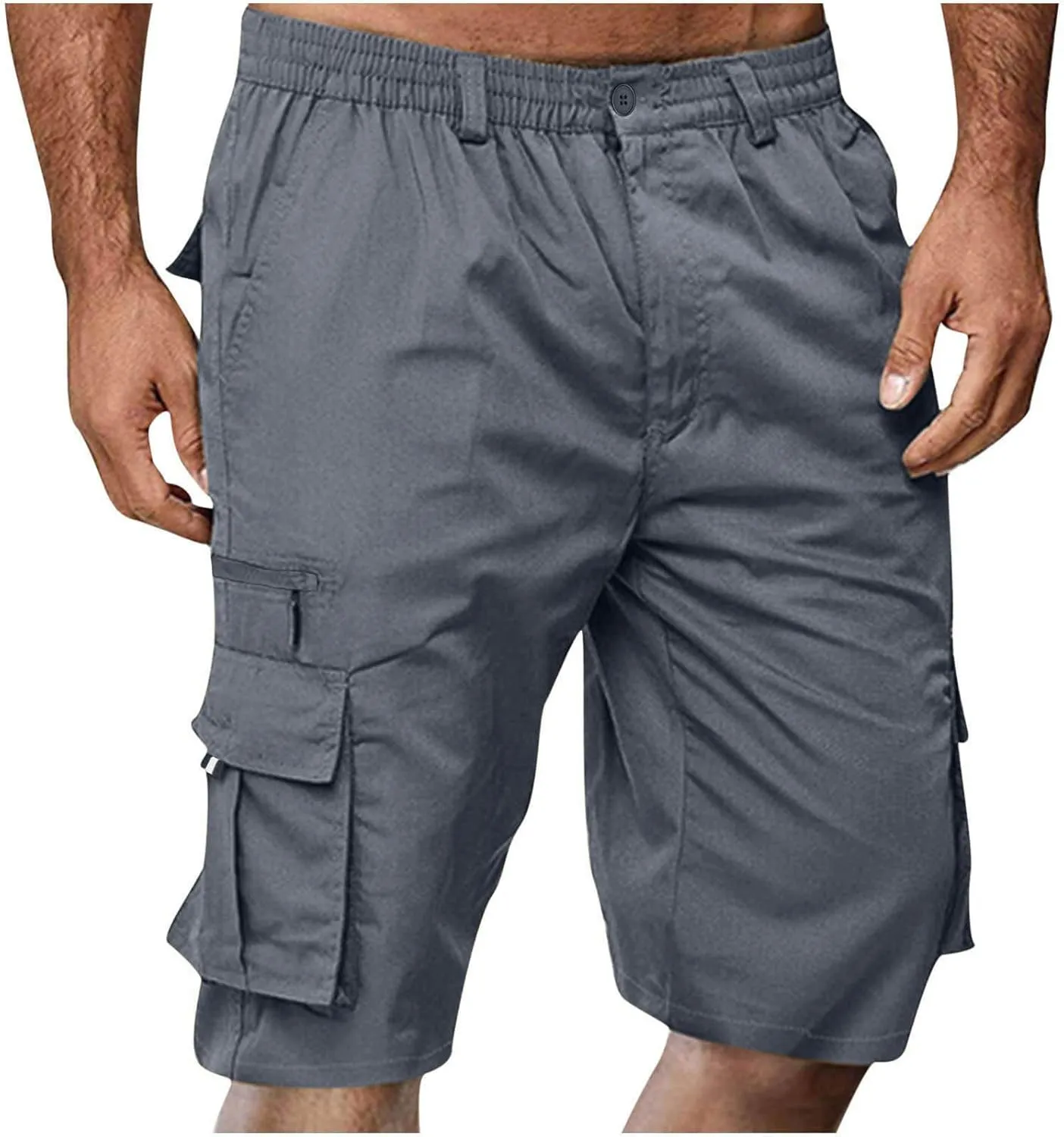 Men's Fashion Button Zipper Cropped Pants Casual Shorts High Elastic Waist Multi-Pocket Straight Leg Comfy Leggings