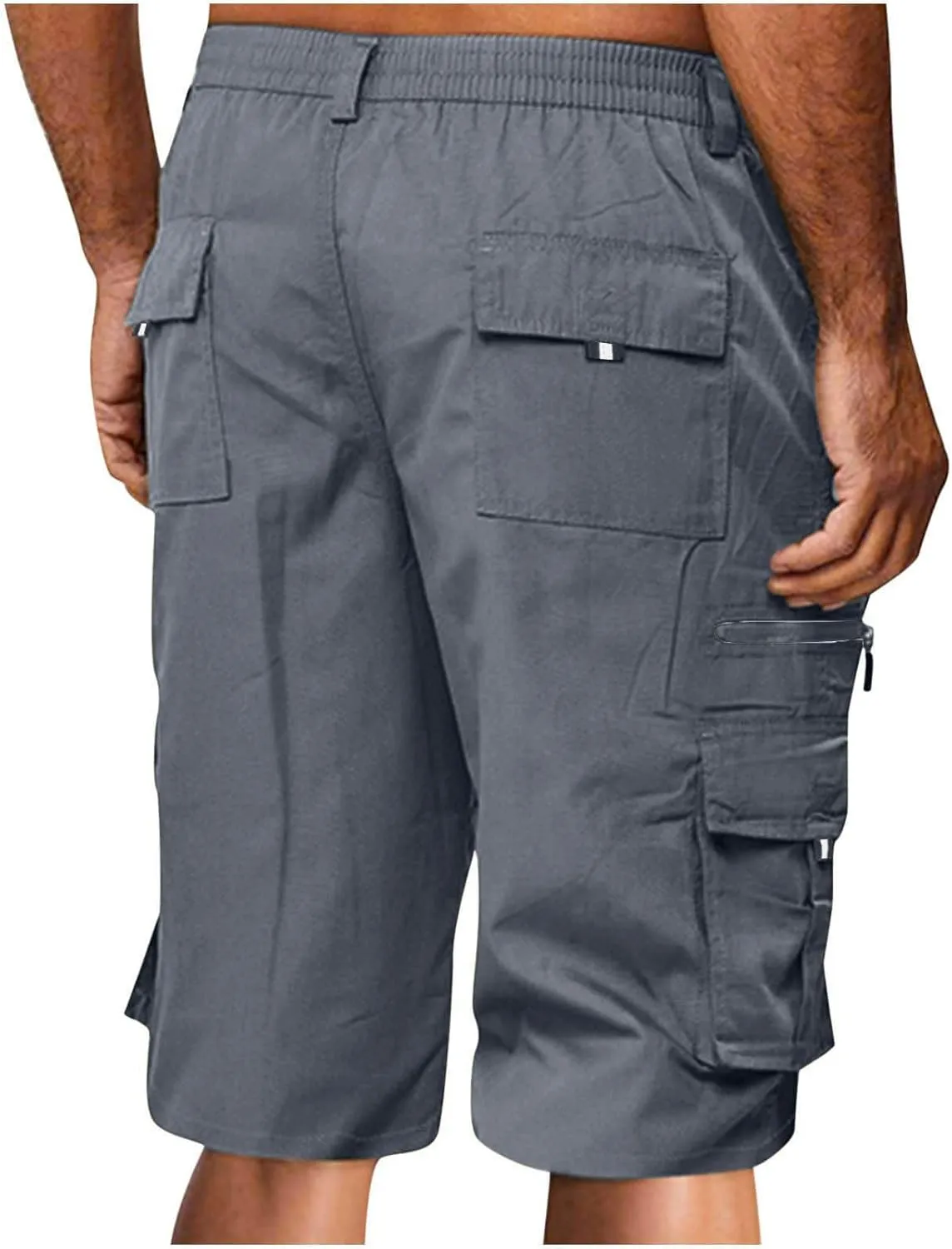 Men's Fashion Button Zipper Cropped Pants Casual Shorts High Elastic Waist Multi-Pocket Straight Leg Comfy Leggings