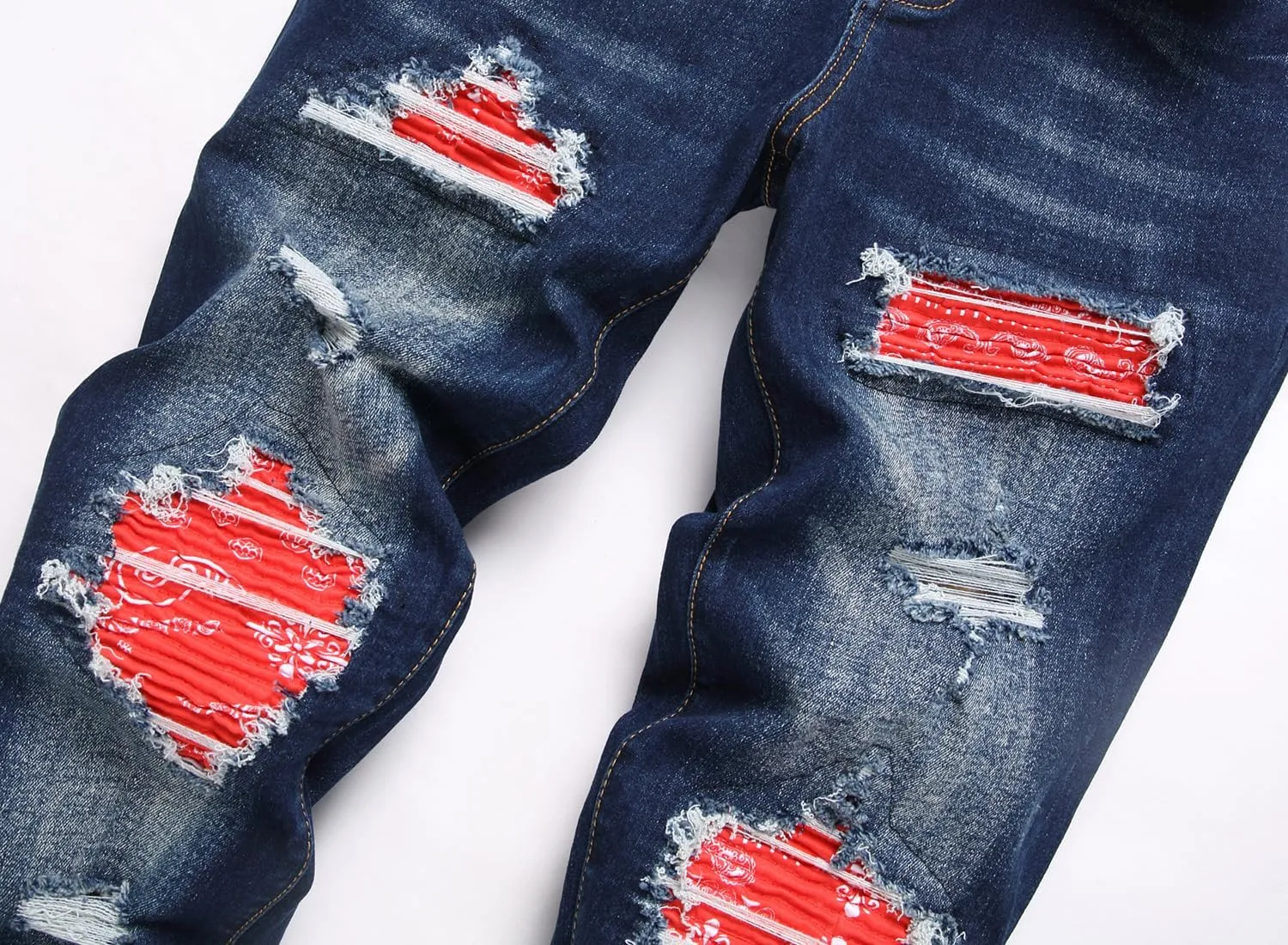 Men's Ripped Patch Elastic Jeans Fashion Slim Fit Regular Denim Pants