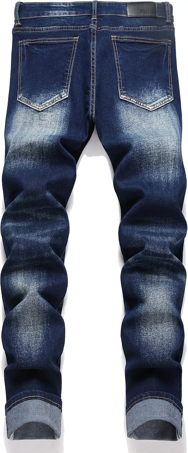 Men's Ripped Patch Elastic Jeans Fashion Slim Fit Regular Denim Pants