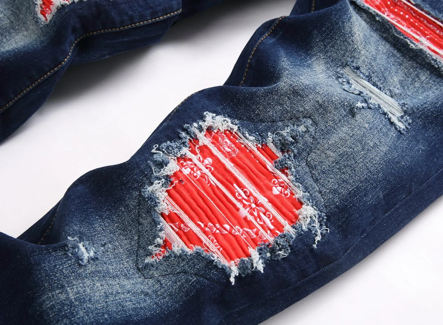 Men's Ripped Patch Elastic Jeans Fashion Slim Fit Regular Denim Pants