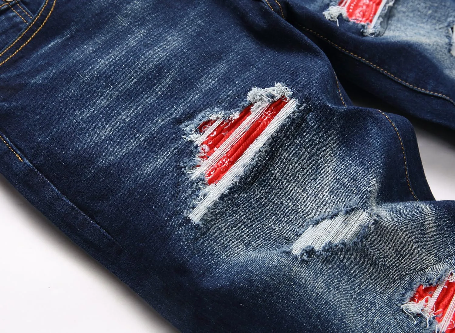 Men's Ripped Patch Elastic Jeans Fashion Slim Fit Regular Denim Pants