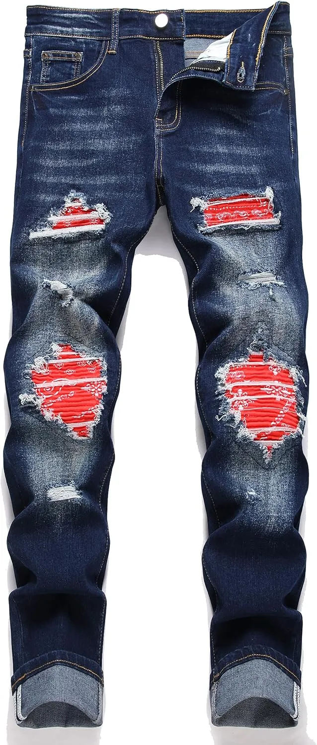 Men's Ripped Patch Elastic Jeans Fashion Slim Fit Regular Denim Pants