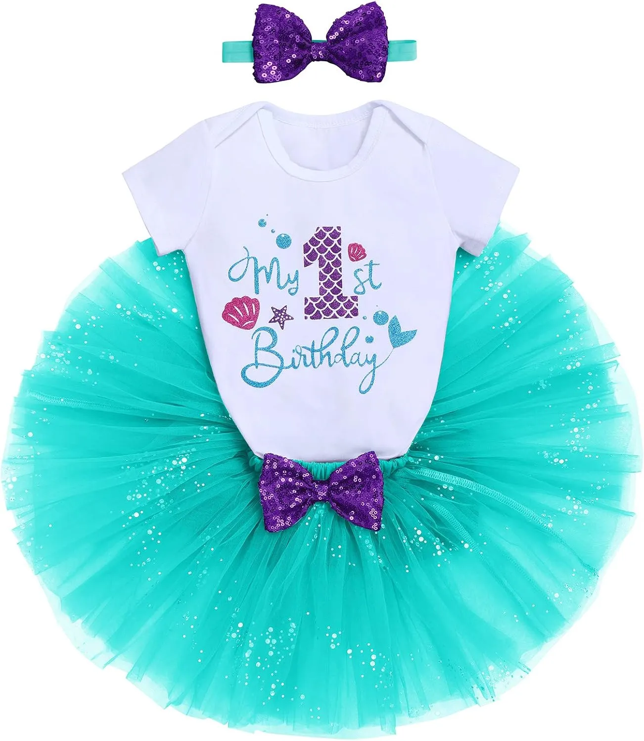 Mermaid 1st 2nd 3rd Birthday Outfit for Baby Girl Romper Tutu Skirt Shiny Headband Cake Smash Clothes Set Photo Props