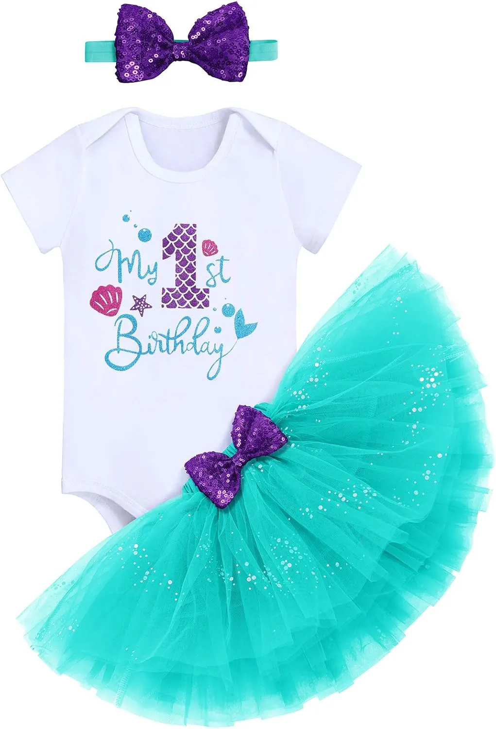Mermaid 1st 2nd 3rd Birthday Outfit for Baby Girl Romper Tutu Skirt Shiny Headband Cake Smash Clothes Set Photo Props
