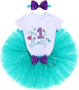 Mermaid 1st 2nd 3rd Birthday Outfit for Baby Girl Romper Tutu Skirt Shiny Headband Cake Smash Clothes Set Photo Props