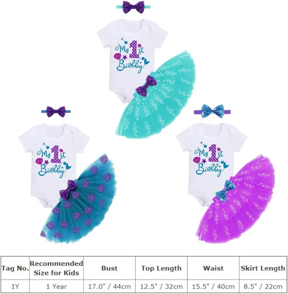 Mermaid 1st 2nd 3rd Birthday Outfit for Baby Girl Romper Tutu Skirt Shiny Headband Cake Smash Clothes Set Photo Props