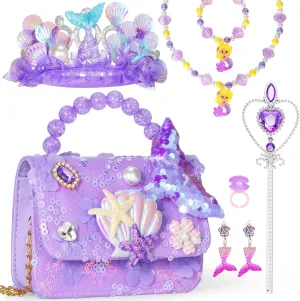 Mermaid Toys,Toddler Purse, Girls Purse Mermaid Play Purse for Little Girls Play Jewelry Birthday for Toddler Girls Age 3 4 5 6 7 8 Years Old (Purple)