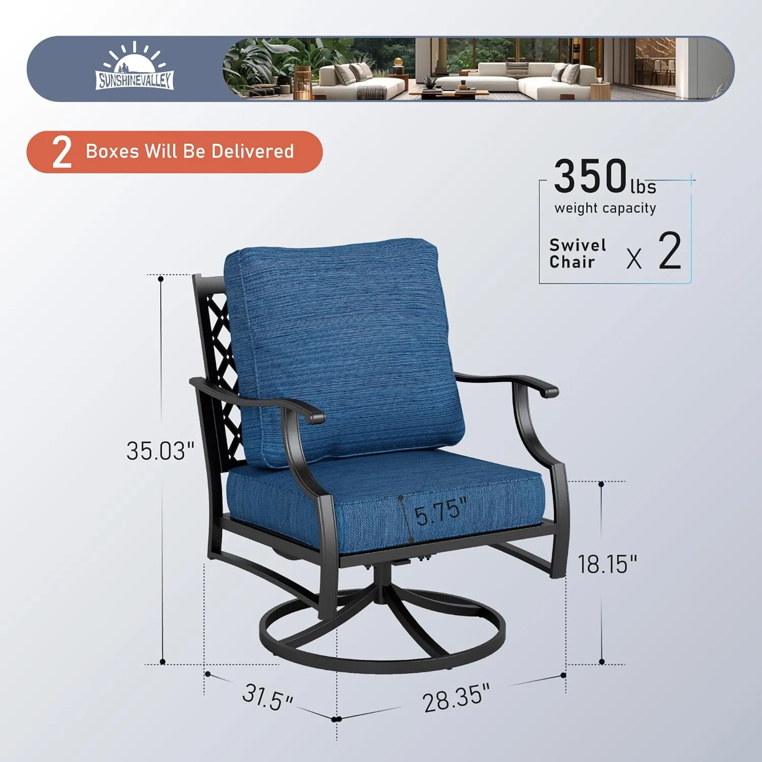 Metal Outdoor Swivel Patio Chairs Set of 2 with 5.75" Extra Thick Cushion, 2 Piece High Back Swivel Rocker Patio Chairs Outdoor Furniture Seating for Deck Balcony Front Porch, Navy