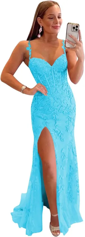Miao Duo Women's Lace Mermaid Prom Dresses Long with Slit Mermaid Spaghetti Straps Backless Formal Evening Gowns YZTS099