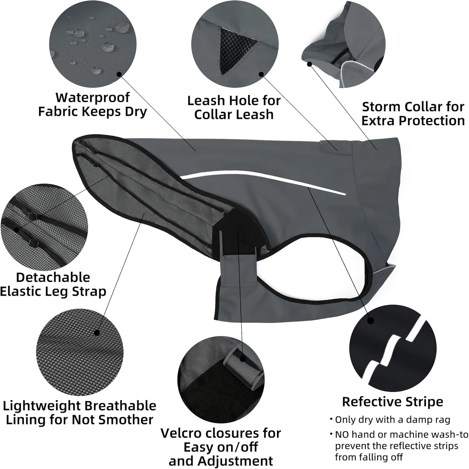 Mile High Life Dog Raincoat, Adjustable Waterproof Reflective Rain Jacket for Small Medium Large Dogs, Lightweight Breathable Pet Rain Coat with Leash Hole(Dark Gray,XXS Chest 16-19")