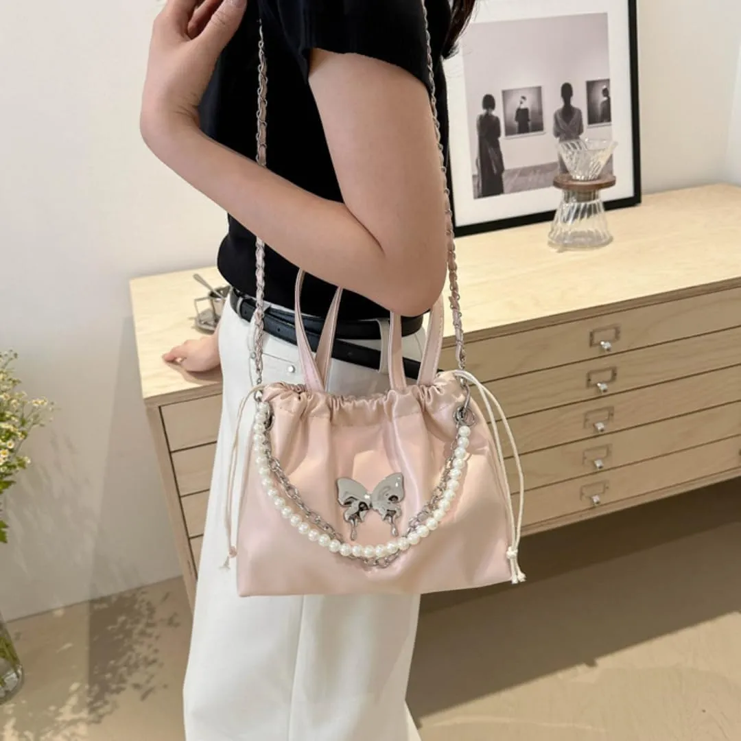 Mini Bucket Bag Y2k Butterfly Satin Shoulder Bag Drawstring Handbag with Pearl Chain Small Crossbody Bag for Women