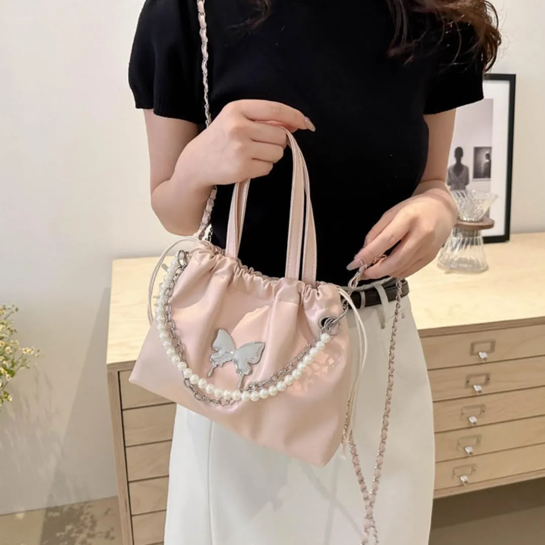 Mini Bucket Bag Y2k Butterfly Satin Shoulder Bag Drawstring Handbag with Pearl Chain Small Crossbody Bag for Women